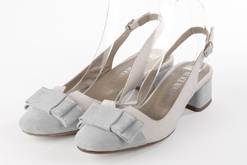 Pearl grey and pure white women's open back shoes, with a knot. Round toe. Low flare heels. Front view - Florence KOOIJMAN